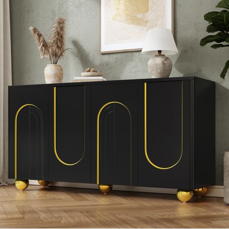 Credenza 4 ante con vano contenitore 140 x 40 x 74 cm, decoro arco dorato, nero DESVIAE (1/5)