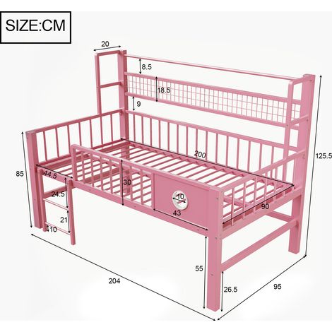 VVBV Lit mezzanine, 90 x 200 cm, rangements, barrières de sécurité, métal, rose, matelas non inclus (1/5)