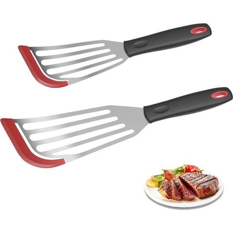 Lot de 2 spatules à poisson en silicone pour poêles antiadhésives. Spatules en acier inoxydable avec bord en silicone résistant à la chaleur. Spatule avec trou pour retourner le poisson. (1/5)