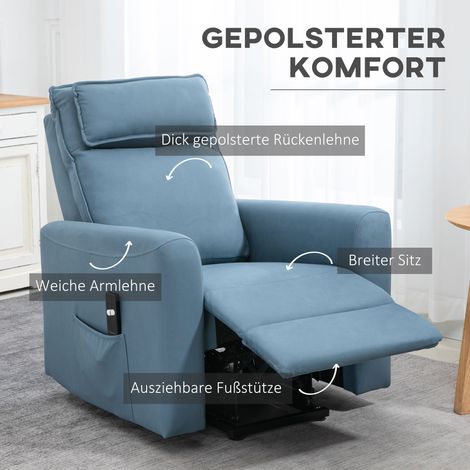 Fauteuil relax inclinable avec repose-jambes intégré, accoudoirs, rangement latéral, télécommande filaire, 84 x 89,5 x 105 cm, bleu
