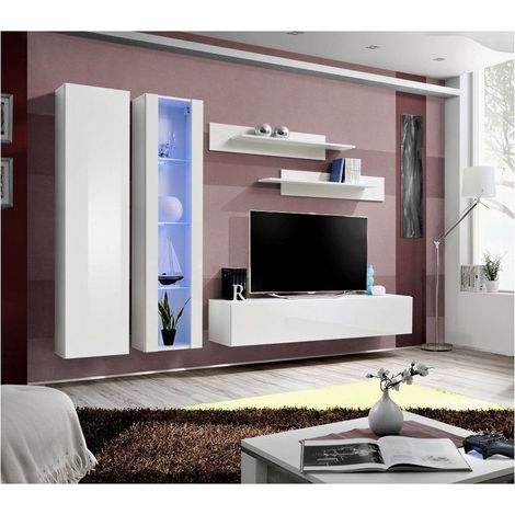 Ensemble meuble TV mural  - Fly IV - 260 cm x 190 cm x 40 cm - Blanc - Livraison gratuite