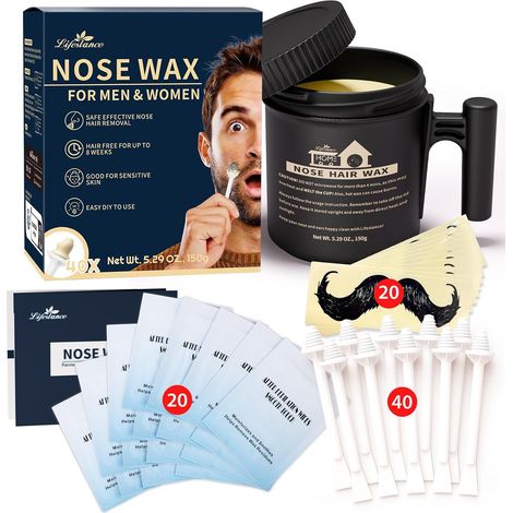 kit de cire nez homme 80 g, rapide, pour 15-20 utilisations Cire nez oreilles 150 g avec 40 applicateurs, 20-25 utilisations, 20 lingettes baume et 20 protecteurs moustache inclus (1/5)