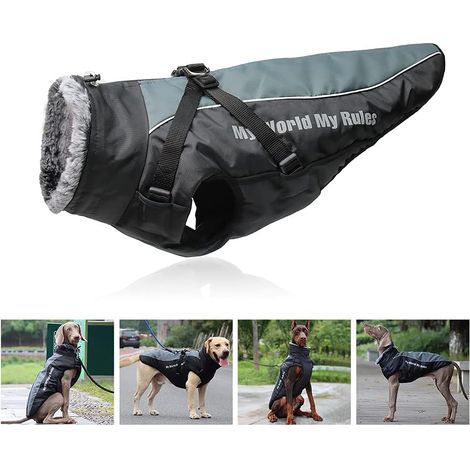 Manteau pour chien réversible réfléchissant en peluche avec harnais détachable et col en fourrure replié sans étouffement, vêtement confortable pour les chiens de moyenne et grande taille 4XL