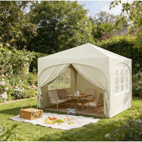 Tonnelle pliante 3x3 m avec 4 parois amovibles, hauteur réglable, protection UV50+ imperméable, beige métal (1/5)