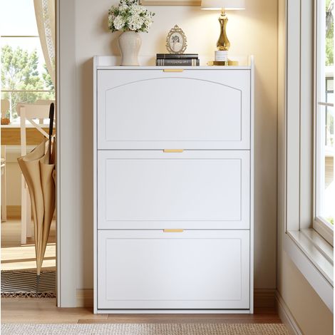 Meuble à chaussures avec 3 abattants, blanc, 76x23x118 cm, pour couloir et salon (1/5)