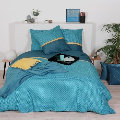 Parure de lit - COTE DECO - Gatsby - Bleu canard - 240x220 cm - Microfibre douce (1/4)