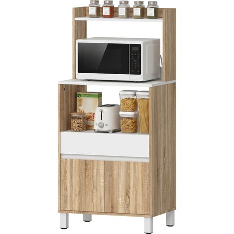 Meuble pour micro-ondes, buffet cuisine avec tiroir, 2 portes à fermeture douce, plan de travail et espaces ouverts, chêne (1/4)