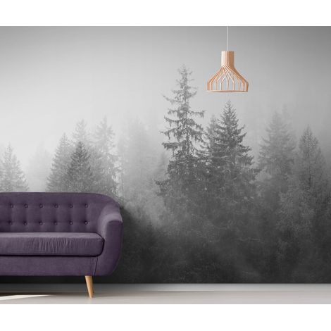 Papier Peint Noir et Blanc - Sapins dans la Brume - 400 x 260 cm (1/2)