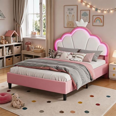 Letto 140x190, Letto a corona, con testiera regolabile, Illuminazione LED, Struttura del letto con rete a doghe in legno, Velluto (1/5)