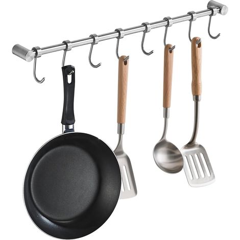 1 Rail de cuisine, Acier inoxydable, 8 crochets amovibles, Fixation murale, Organiseur pour ustensiles et vêtements