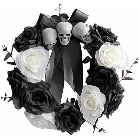 Halloween-Kunstblumenkranz mit gruseligem Kopf, gotische Blumengirlande für Tür, Wand, Garten und Spukhaus (1/5)