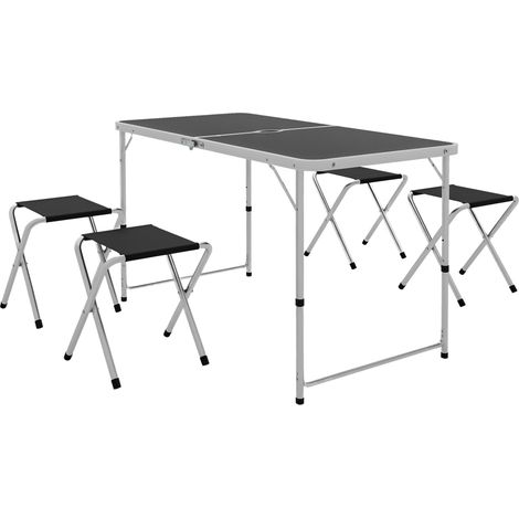 Table de camping pliante style valise avec 4 tabourets pliants, dimensions de la table : 120 x 60 x 55-70 cm dimensions des tabourets : 33 x 28 x 37 cm, noir (1/5)