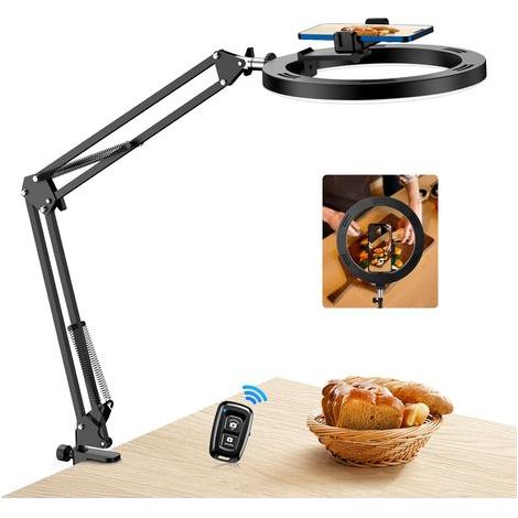 Anneau lumineux 10 pouces avec bras flexible et télécommande – Lampe de bureau avec support pour téléphone, idéale pour les vidéos de cuisine, le streaming, le maquillage, 3 modes et 10 niveaux d'inte (1/5)