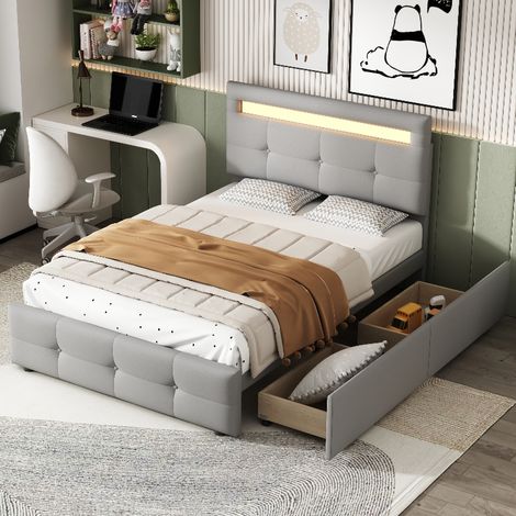 Polsterbett 90x200 cm mit 2 Schubladen und LED-Beleuchtung, Einzelbett mit höhenverstellbarem Kopfteil und Lattenrost, Leinenoptik Grau (1/5)