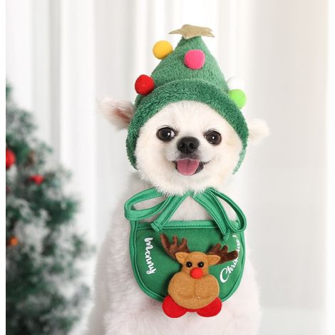 Bonnet de Noël vert pour chien et chat, écharpe d'hiver avec pompons colorés, tenue de fête pour animal, taille S. (1/5)