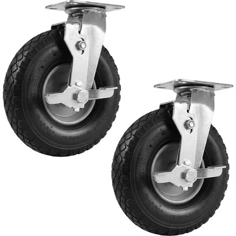 Relaxdays Roues pivotantes freinées, lot de 2, 3.00-4, 120 kg, gonflables caoutchouc/acier, charges lourdes, noir/argent