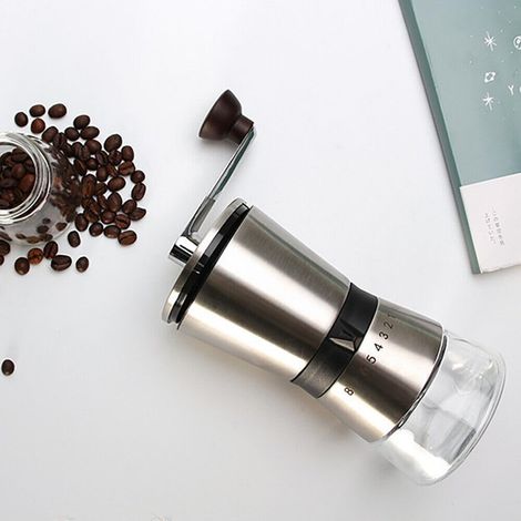 Edelstahl Manuell Kaffeemühle Einstellbar Tragbare Handkaffeemühle Kegelmahlwerk Kaffee Mühle Handmühle Espressomühle für Home Office, Handkurbel Schleifmaschine für 5 Tassen Kaffeebohnen, Waschbar (1/5)