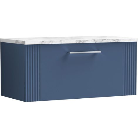 Belvide Partial Fluted 1 Drawer Wall Hung Vanity Unit with Carrera Marble Laminate Worktop - 800mm - Satin Blue