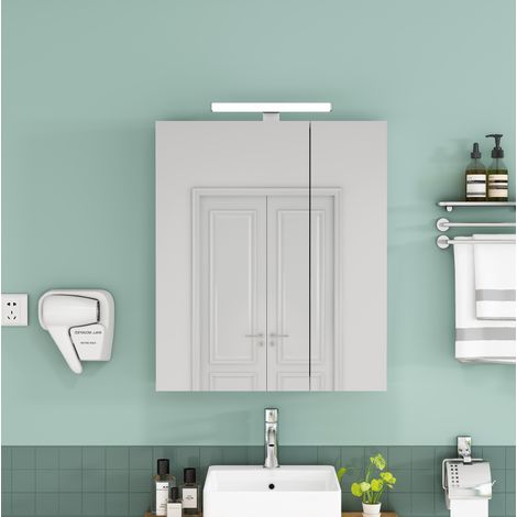 Pensile specchio bagno bianco 60 cm con LED, presa francese e ripiani in vetro regolabili (1/3)