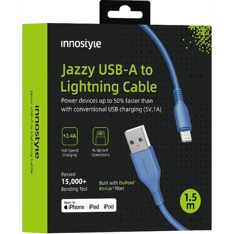 Cavo Innostyle Jazzy USB Lightning con ricarica rapida MFi per iPhone, in kevlar, 2 m, blu. (1/5)