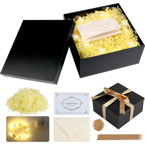 Coffret cadeau avec couvercle, 20 x 20 x 10 cm, pliable, avec ruban, carte de vœux, enveloppe, tampon d'enveloppe, matériau de remplissage raphia, lumière LED pour anniversaire, mariage (noir) (1/5)