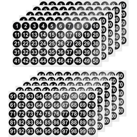Paquete de 500 pegatinas negras numeradas - 25 mm - Vinilo - 10 hojas numeradas del 1 al 100 - Resistentes al agua - Para oficina, hogar, niños (1/5)