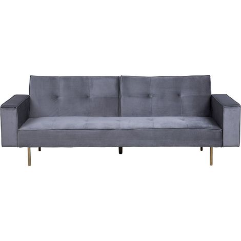 Canapé Clic-Clac en Velours Gris avec Fonction Lit et Pieds Dorés pour Salon au Design Glamour Beliani