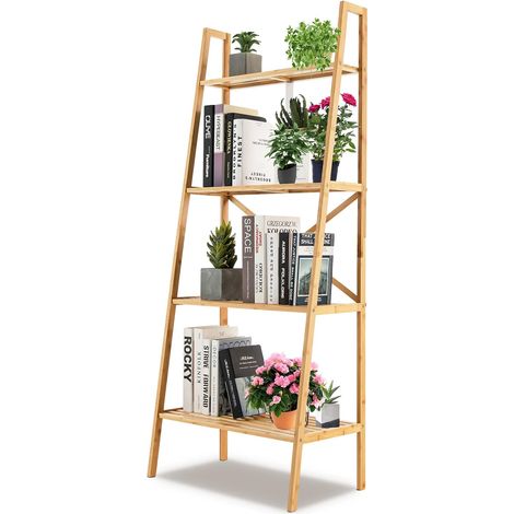 GOPLUS Bibliothèque en Bambou,étagère en échelle à 4 Niveaux,avec Dispositif Anti-basculement,pour Salon/Entrée,Naturel (1/5)