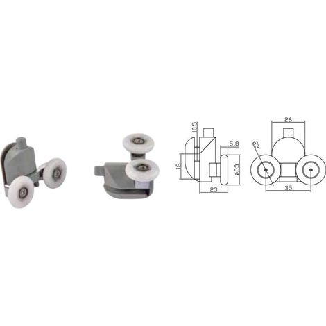 Cuscinetti Doppia Ruota - Attacco Inferiore Nylon - Pour Box Doccia - Ø23 mm - Forage Verre 12 mm - Épaisseur Verre 4 à 6 mm - Lot de 2