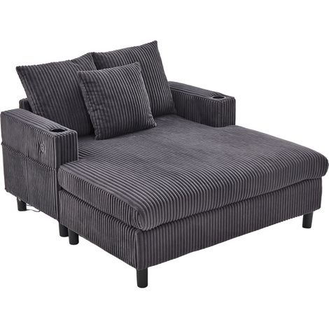 Sillón chaise longue de terciopelo canalé gris oscuro con puertos USB, portavasos y luces LED (1/5)