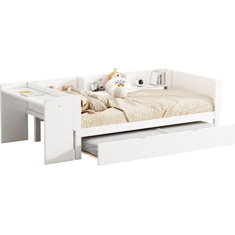 Lit enfant 90x200 cm avec lit gigogne, bureau intégré et 3 étagères latérales, en pin et MDF, blanc, gain de place pour chambre enfant - CHICFURN (1/5)