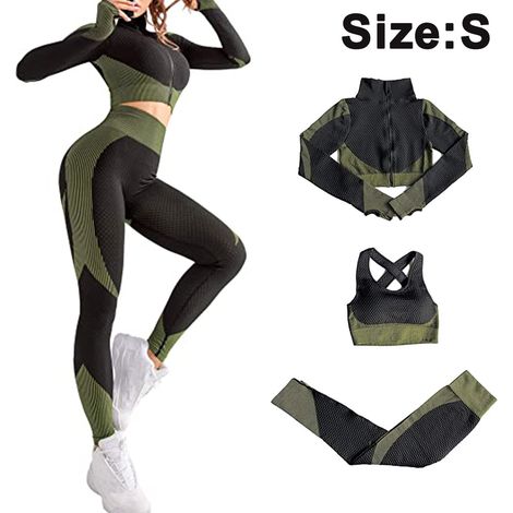Set Activewear 3 Pièces - Leggings - Brassière Sport - Veste À Manches Longues - Pour Yoga Et Fitness - Tailles S M L (1/5)