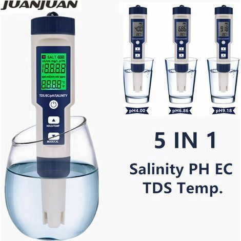 Termometro digitale 5 in 1: pH, TDS, EC, salinità, conducibilità, filtro dell'acqua, purezza, penna con retroilluminazione (1/5)