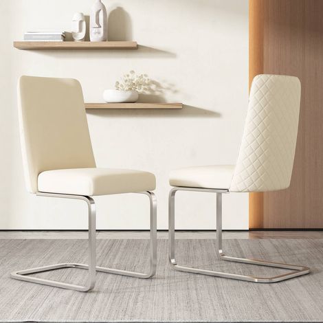 Chaises de salle à manger 2 pcs luxueuses, design dossier diamant et pieds métal argenté, beige, pour séjour ou chambre (1/5)