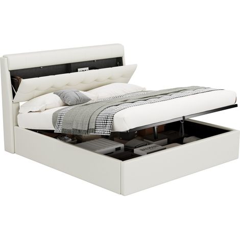 Lit coffre 160x200 blanc en PU avec tête de lit, rangement caché dans la tête et le coffre, sommier à lattes, structure hydraulique, sans matelas  CHICFURN (1/5)