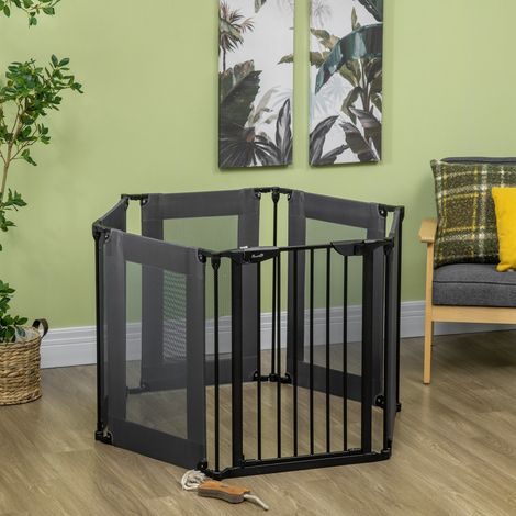 PawHut 6-teiliges, faltbares Hunde-Laufgitter, umwandelbar in eine Haustier-Sicherheitsbarriere, 117 x 103 x 74 cm, Schwarz (1/5)