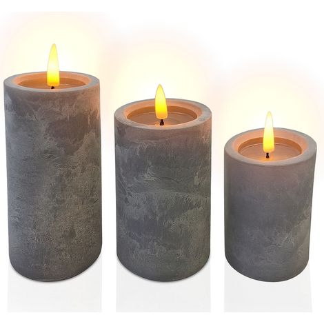 Relaxdays LED candles, set of 3, with timer & flickering flame, warm white, concrete look, flameless candles, grey