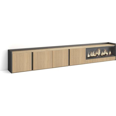 Skraut Home - Mueble TV, Televisión, Muebles de salón, almacenaje, 315x35x50cm, Para TV hasta 80", Chimenea eléctrica XXL, Estilo Moderno, Roble y negro (1/5)