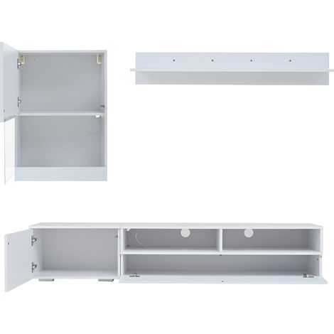 Ensemble meuble TV blanc laqué avec LED, armoire murale, étagère murale et meuble TV 175x39x34 cm (1/5)