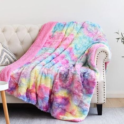 Manta extra suave de piel sintética, tamaño doble, color arcoíris oscuro, manta cálida de felpa de lana de cordero adecuada para sofás cama (color arcoíris oscuro, tamaño doble (60" x 80")).