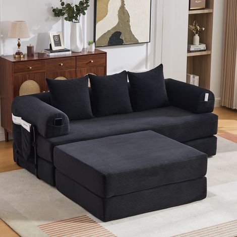 Sofá modular 200x190x67 cm de pana negra con puf, ahorro de espacio para estudio – MEUBLIV (1/5)