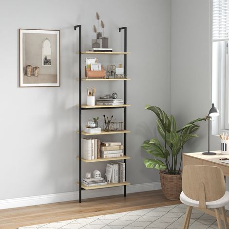 Étagère échelle mural bibliothèque style industriel 6 étagères acier noir aspect bois naturel dim. 60L x 30l x 206H cm