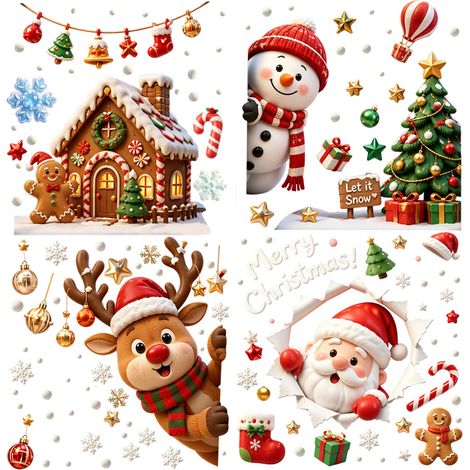 Autocollants statiques pour vitrines, décorations de Noël : Père Noël, bonhomme de neige et rennes (dessin animé) - [4 ensembles] 113+114+115+116