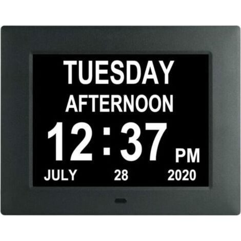Digital Clock Extra Large Unabbreviated Day Calendar Day Date Time Dementia Clocks for Seniors with Impaired Vision Memory Loss + 8 Alarm Reminders - 7 Inch Black (1/5)