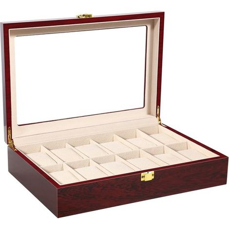 Scatola portaorologi in legno massello a 12 scomparti con coperchio in vetro include un supporto per orologi rimovibile all'interno. (1/5)