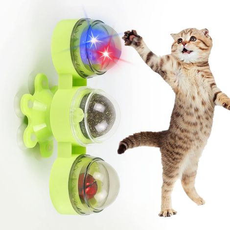 Jouet à l'herbe à chat, jouet pour chat 3 en 1 en forme de moulin à vent, jouet rotatif à l'herbe à chat, clochette, balle lumineuse, balle interactive pour chat (vert)