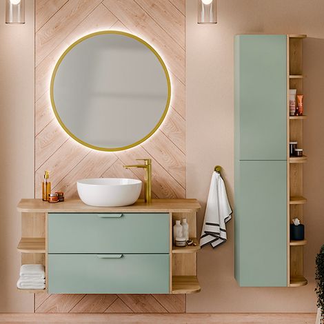 Mueble de lavabo de 120cm con nichos redondeados y columna Oria Verde mate (1/5)