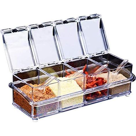 Assaisonnement Box Set, 4 Pièces Condiment Jarres Stockage Conteneurs, Transparent Multifonction 4 en 1 Plastique Boîte d'Assaisonnement Avec Couvercle Et Cuillère pour Épices, Sel, Sucre, Cruet (1/5)