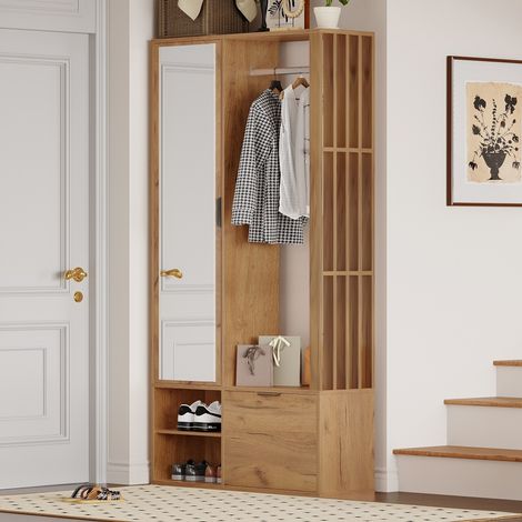 Meuble d'entrée 6-en-1 avec miroir, penderie et 9 rangements, 100 x 33 x 190 cm, pour couloir ou sous escalier (1/5)