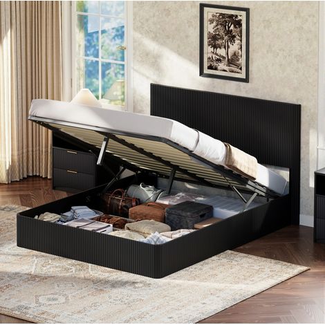 Cama con almacenaje 160x200 cm en madera negra, ahorro de espacio para dormitorio FLORAGRACE (1/5)